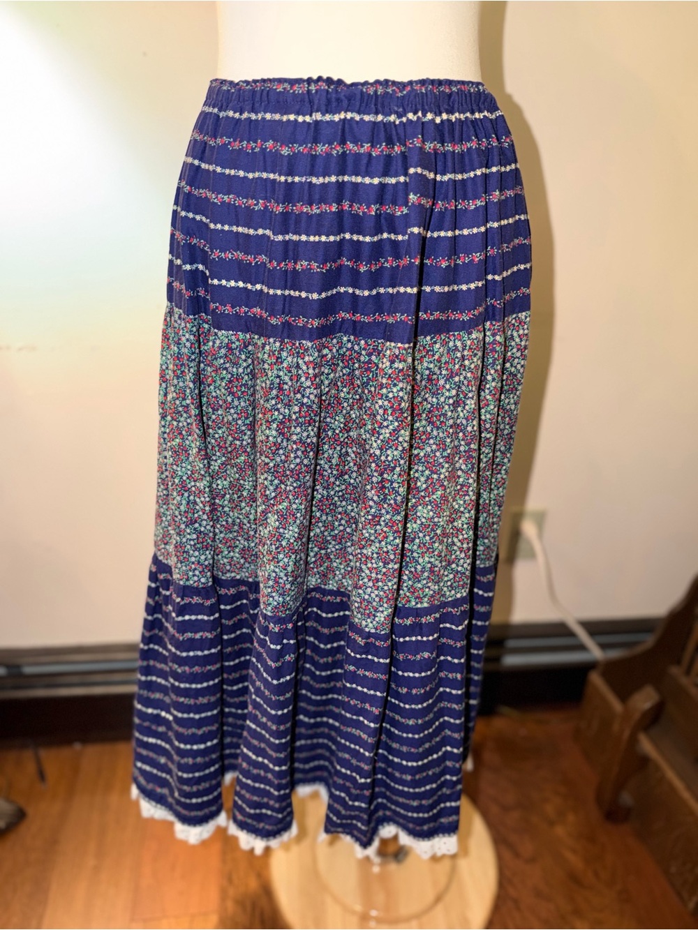 Vintage Cotton Woven Ditsy Blue Floral Tiered Maxi Skirt